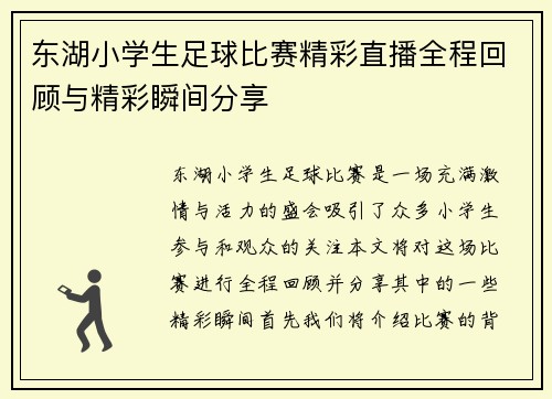 东湖小学生足球比赛精彩直播全程回顾与精彩瞬间分享